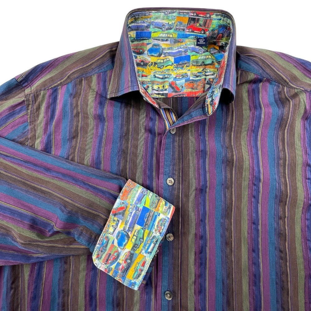 Robert Graham Mens XL Button Down Shirt Striped Contrast Cuff Car Print Purple